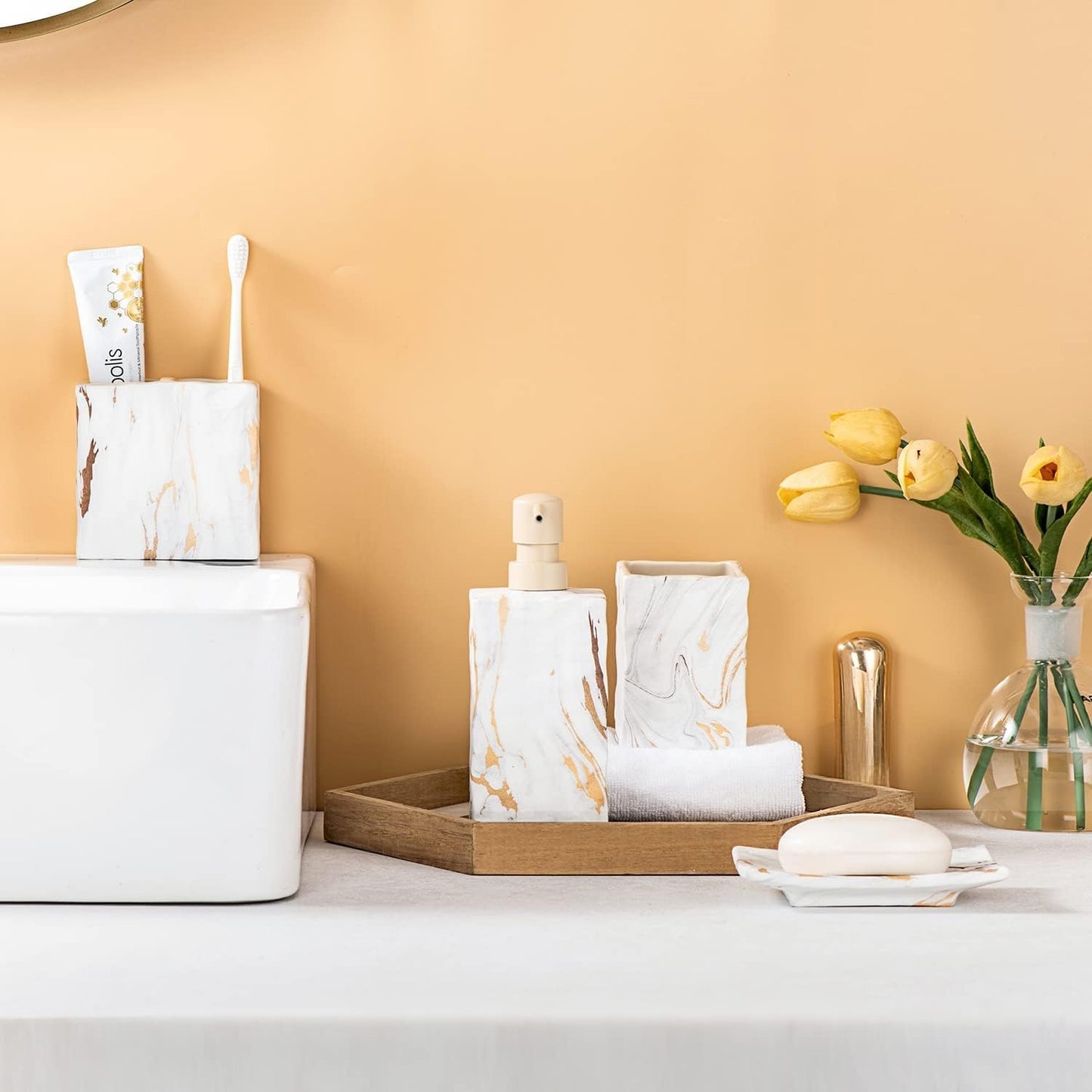 Bathroom Accessories Set 4 Pcs Marble Look Sets Toothbrush Holder Soap Dispenser Counter Top Ceramic Bathroom Decor Set Gold