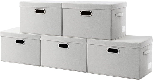 PRANDOM Collapsible Storage Bin with Lid [5-Pack] Fabric Foldable Storage Box Organizer Container Basket Cube with Cover for Home Bedroom Closet Office Beige(15.3x10x9.7)