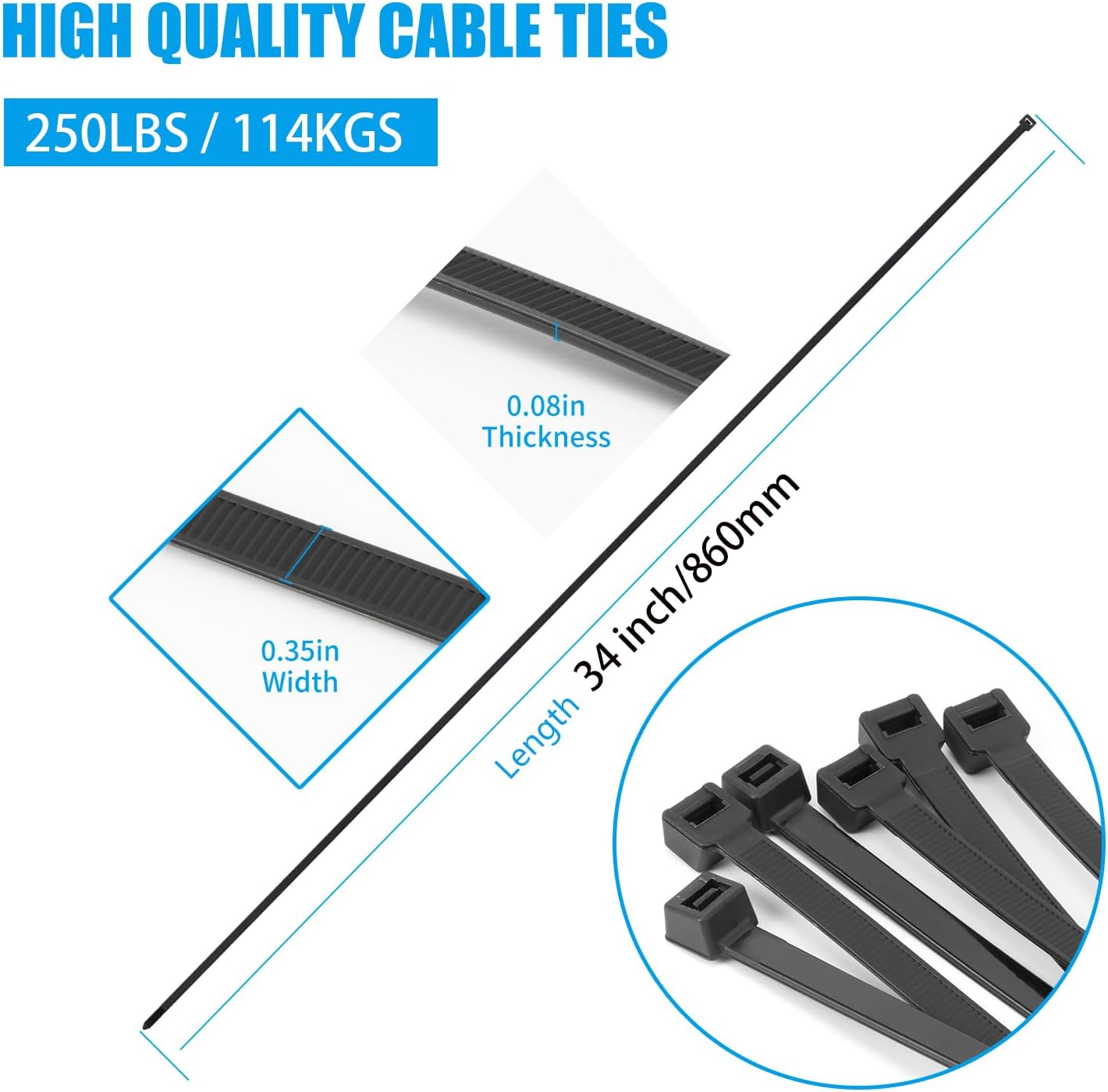 34 inch Black Zip Ties Heavy Duty 40 PCS, 250LBS Ultra Exclusive Strong Plastic Wire Ties, Large Cable Ties Extra Long Tie Wraps, Indoor and Outdoor UV Resistant