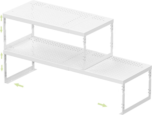 Adjustable Stackable Metal Storage Shelf Organizer - Expandable Wire Rack with Perforations for Kitchen, Pantry, Bathroom, Cabinet & Office-Compact, Durable & Sturdy (2PACKS/Medium/White)