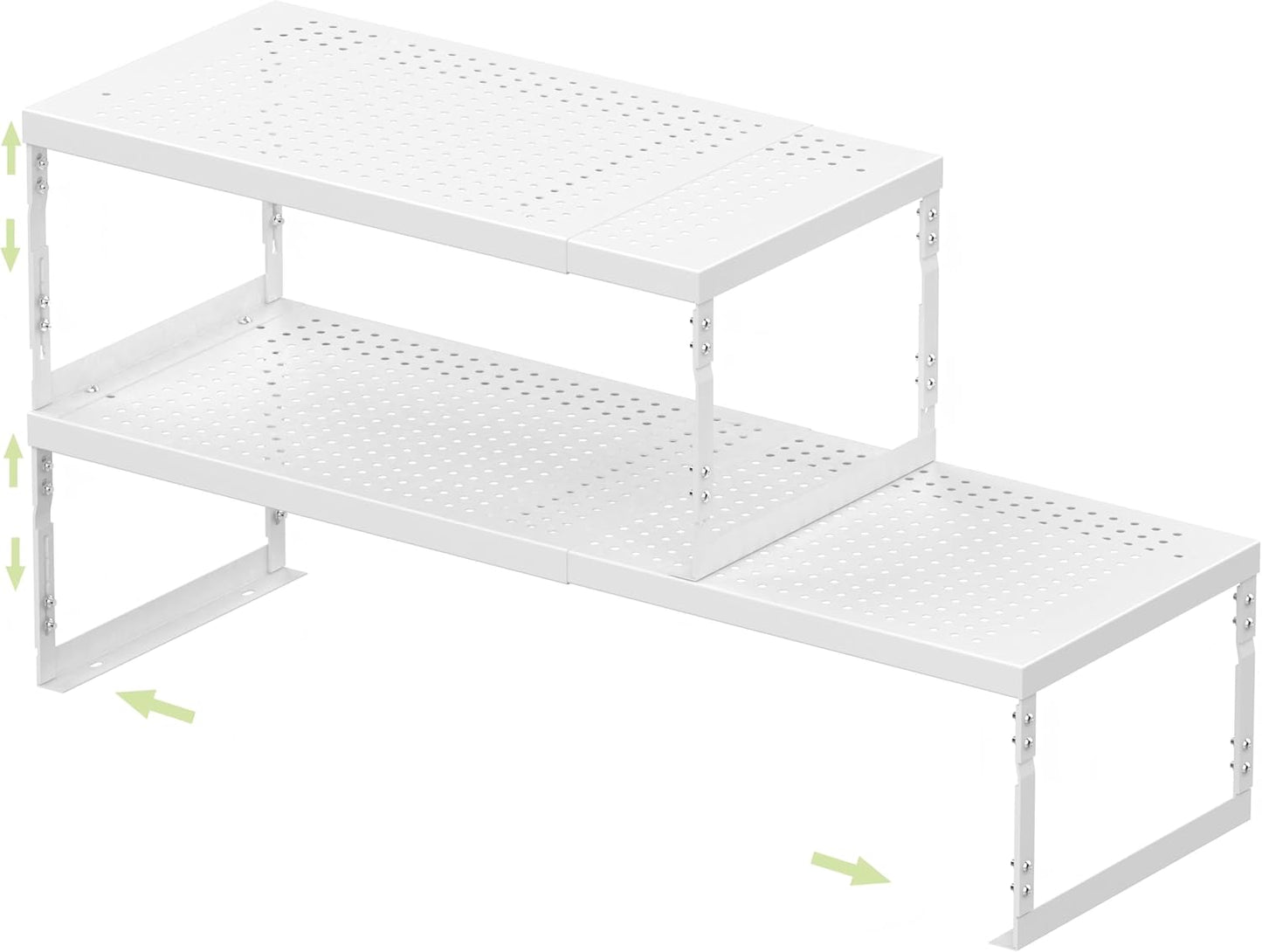 Adjustable Stackable Metal Storage Shelf Organizer - Expandable Wire Rack with Perforations for Kitchen, Pantry, Bathroom, Cabinet & Office-Compact, Durable & Sturdy (2PACKS/Large/White)
