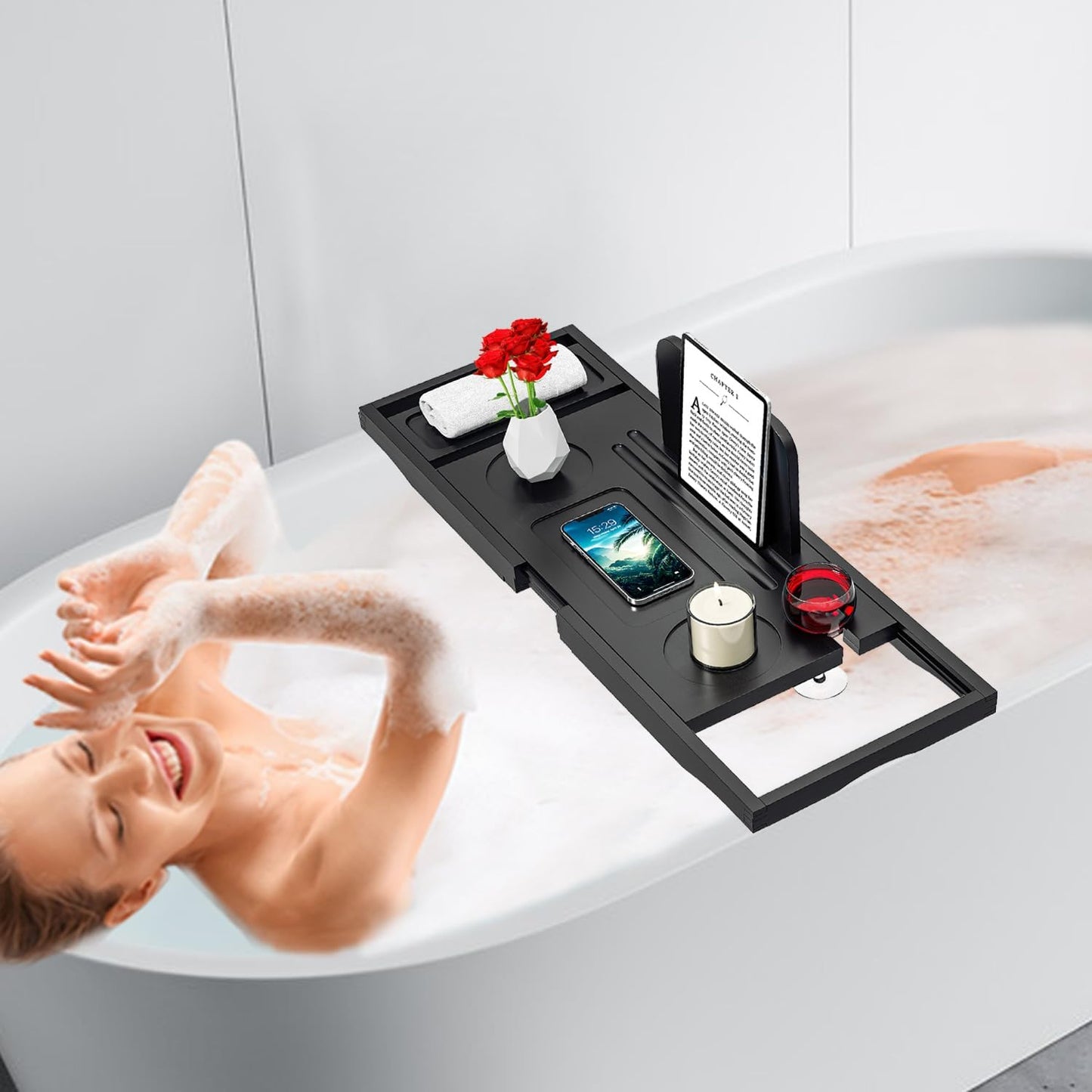 Premium Bathtub Caddy Tray Black - Bath Tray - Bath Tub Tray Table for Bathtub - Bath Caddy Tray for Bathtub, Expandable Size, Fits Most Bath Tubs
