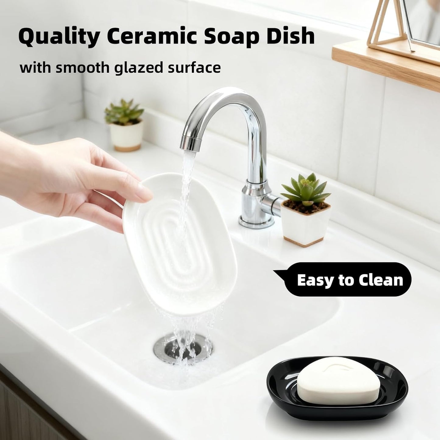 Ceramic Soap Dish for Bath Sink- Modern Black Bar Soap Holder for Shower - Easy to Clean Multi-Purpose Oval Soap Dishes for Soap Bar, Sponges, Jewelry, Small Items | Fits Bathroom & Kitchen