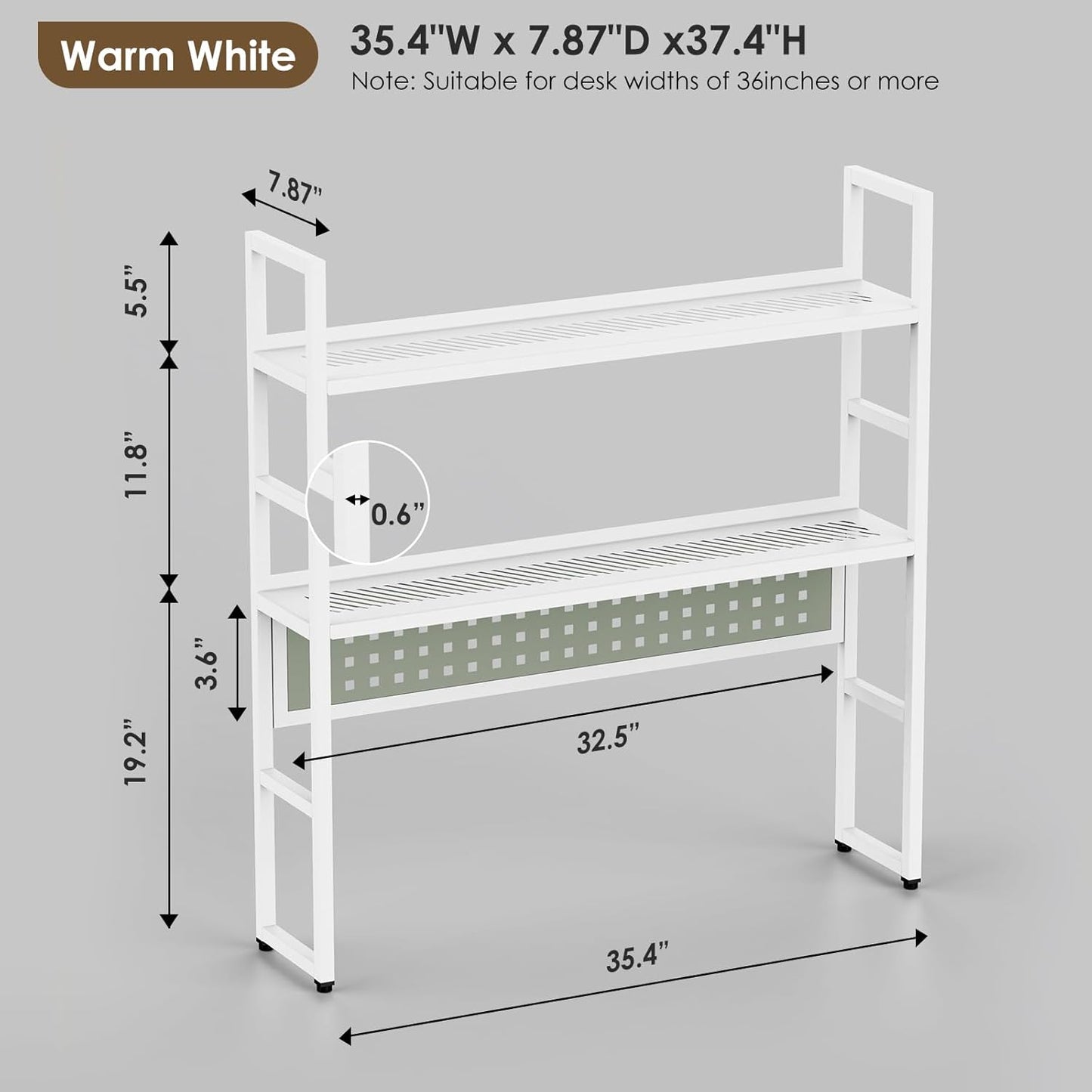 Desk Shelf, 35.43" Desk Hutch Bookshelf, Desktop Shelf with Pegboard for Computer Monitor, Metal Desktop Hutch Storage Organizer for Dorm Home Office, 2 Tier Bookcase, White
