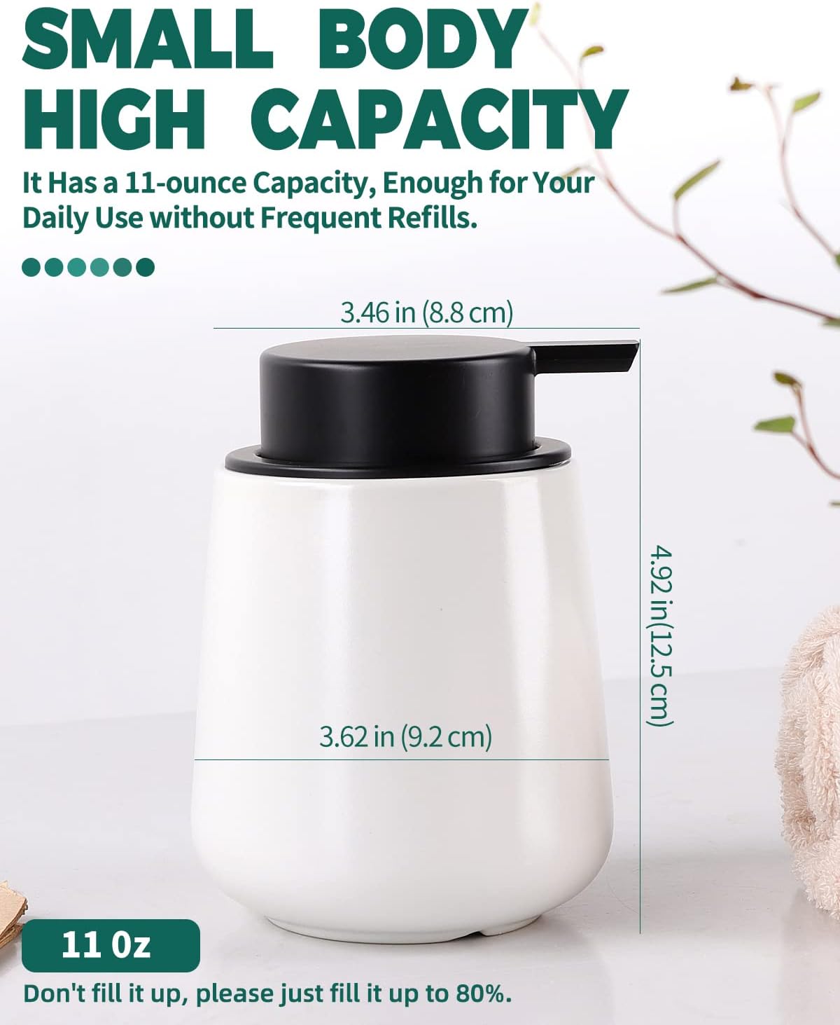 Bosilunlife Liquid Soap Dispenser - 12Oz Lotion Dispenser with Pump Matte White Ceramic Soap Dispenser Bathroom Dish Hand Wash Dispenser for Kitchen Pump Dispenser