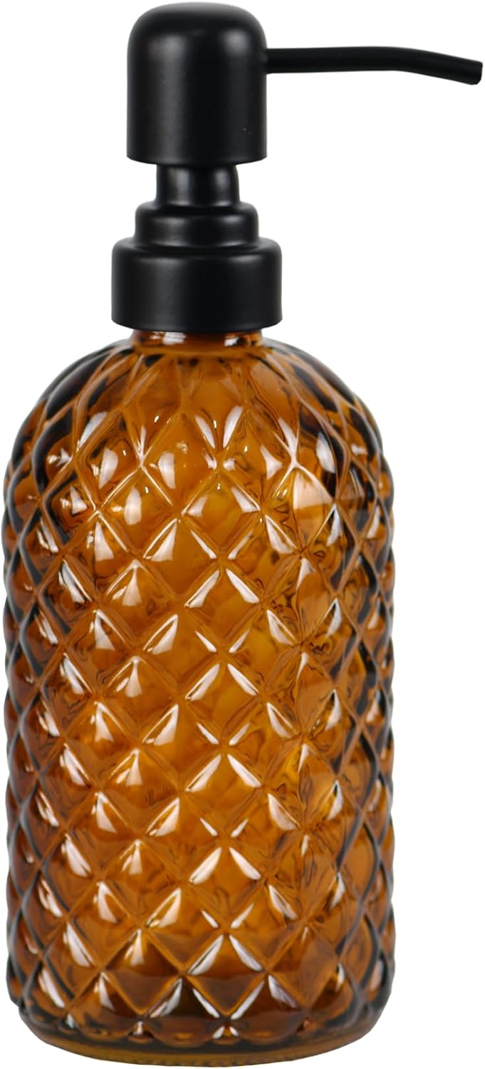 12Oz Glass Soap Dispenser with 304 Black Rustproof Stainless-Steel Pump, Refillable Glass Soap Dispenser for Kitchen, Bathroom, Farmhouse (Amber)
