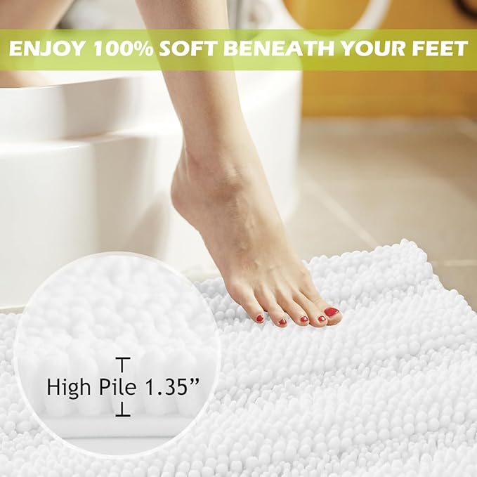 KGORGE Bathroom Rugs - Super Soft Bath Mat Non-Slip Plush Carpet Runner for Tub, Washable Absorbent Microfiber Chenille Floor Carpet for Door Way Kitchen, Pure White, 60" x 24", 1 Piece