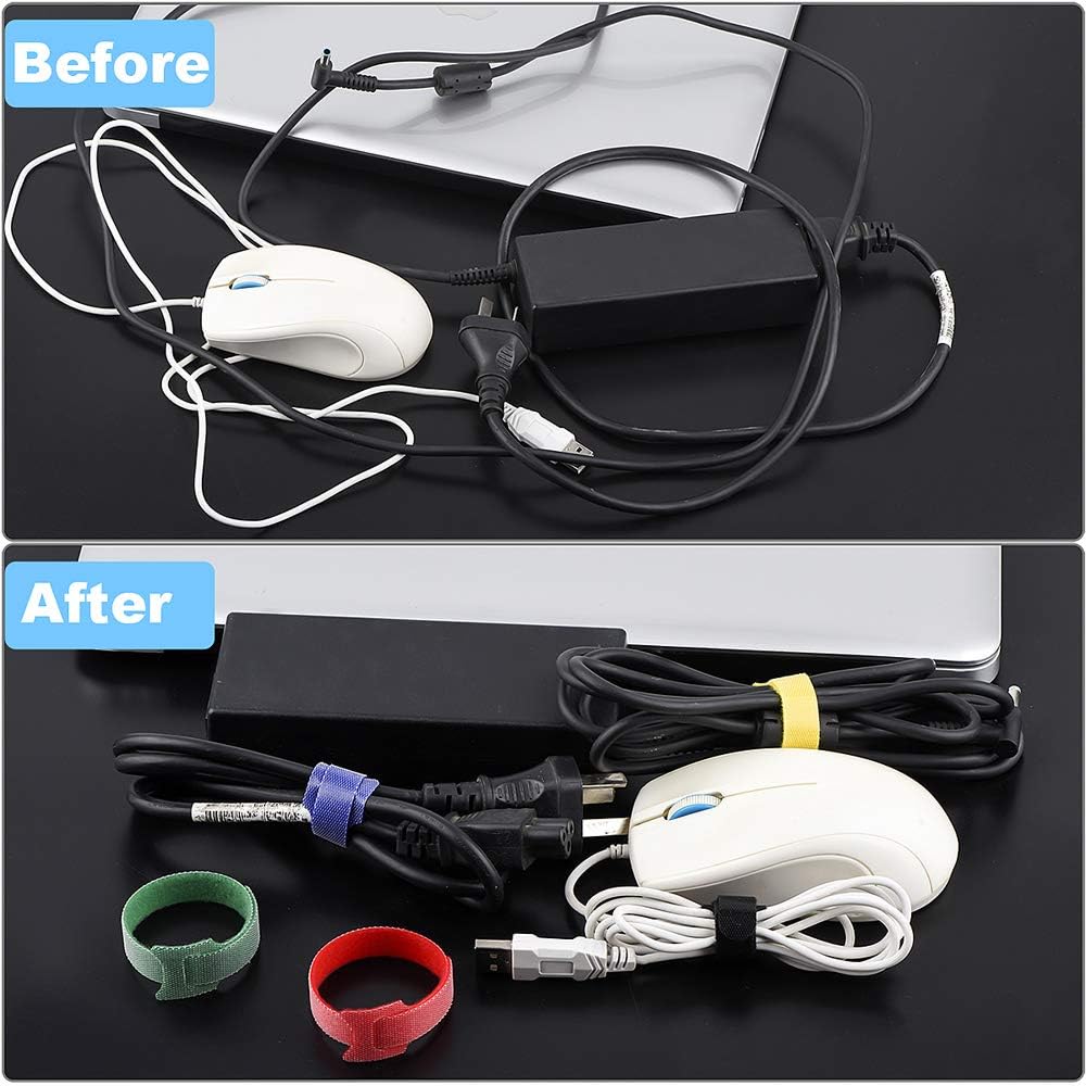 60PCS Reusable Cable Ties, Newlan 2 Size Adjustable Cable Straps 50PCS 8 Inches 10PCS 6 Inches, Cable Organizer, Cord Wrap and Hook Loop Cords Management - 5 Colors