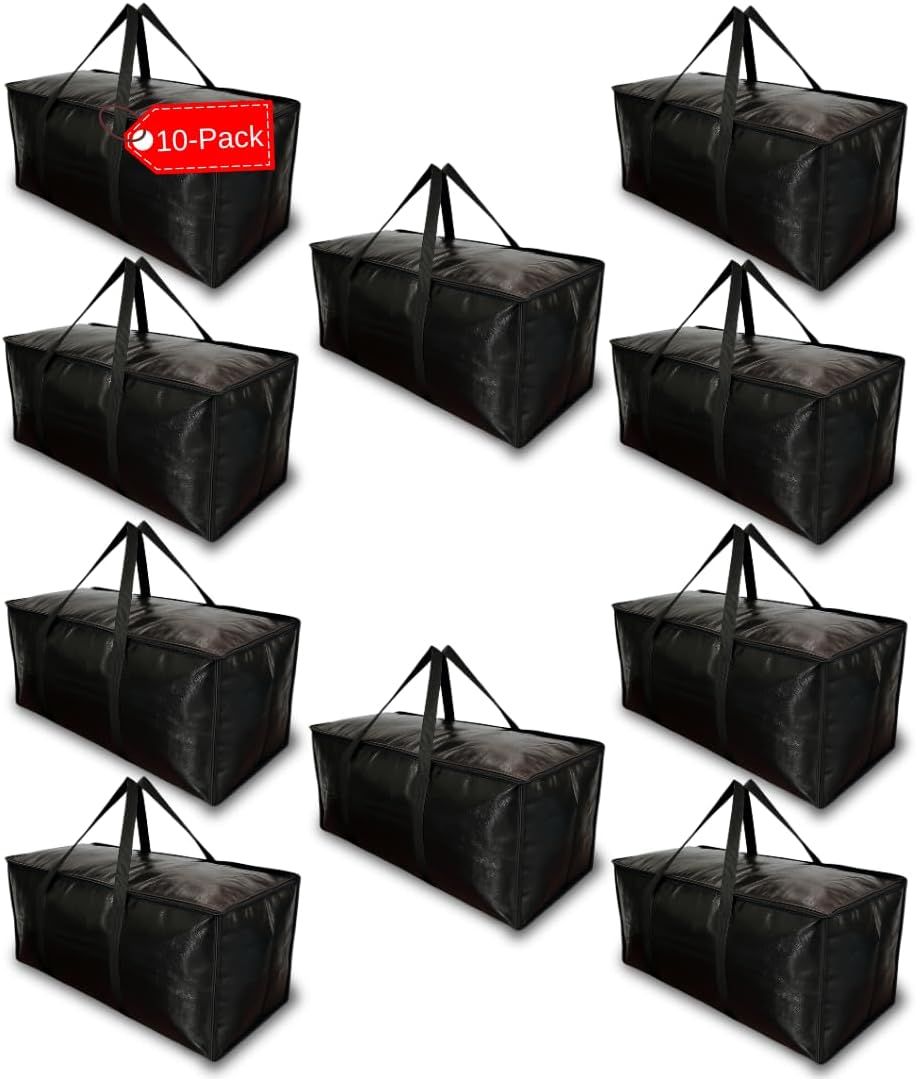BAG-THAT! 10 - Pack Heavy Duty Large Moving Bag with Strong Zipper and Comfortable Handles Durable & Sturdy Large Storage Bags Totes Bins Packing Moving Boxes College Supplies for Packing