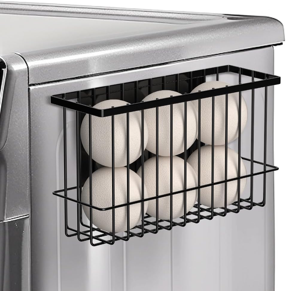 Magnetic Dryer Ball Holder for Laundry Room Organization and Storage, Magnetic Lint Bin for Laundry Room, Iron Dryer Ball Container for Laundry Room Storage (No Balls, Black)