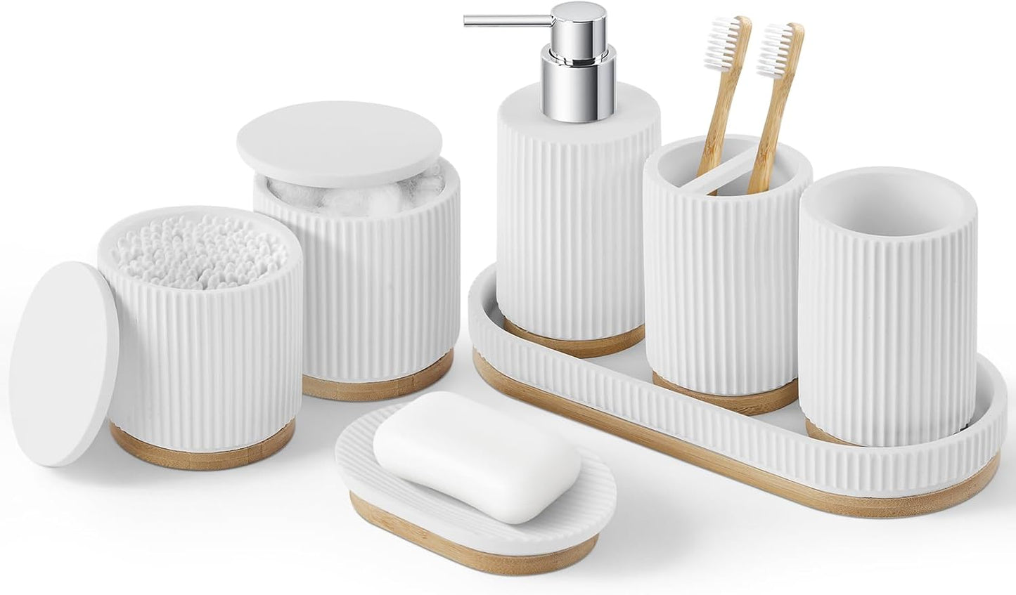 Bathroom Accessories Set, 7PCS Resin Bathroom Set with Bamboo Base, with Soap Dispenser, Q-tip Holder, Toothbrush Holder, Tumbler, Soap Dish, Vanity Tray, Complete Bathroom Set for Modern Decor,White