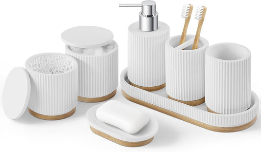 Bathroom Accessories Set, 7PCS Resin Bathroom Set with Bamboo Base, with Soap Dispenser, Q-tip Holder, Toothbrush Holder, Tumbler, Soap Dish, Vanity Tray, Complete Bathroom Set for Modern Decor,White