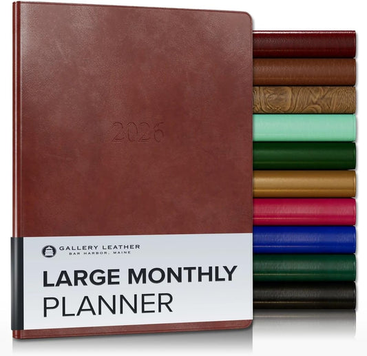 Gallery Leather Large Monthly Planner 2025-2026, Elegantly Bound Calendar Planner and Notebook with Stylish Gold-Gilded Page Edges, 18 Months - Acadia Tan - 9.75x7.5"