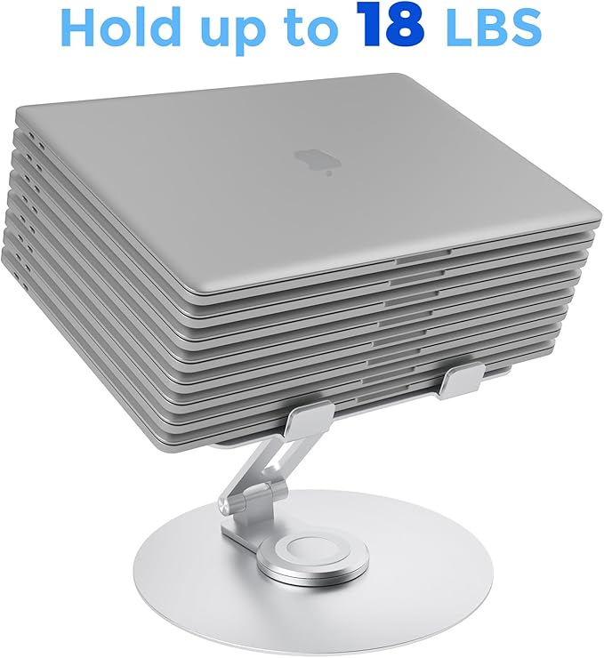 Swivel Laptop Stand for Desk, Adjustable Height Aluminum Computer Stand with 360 Rotating Base, Foldable Ergonomic Riser, Portable Laptop Holder Compatible with MacBook, All Laptops 10-17'', Chrome