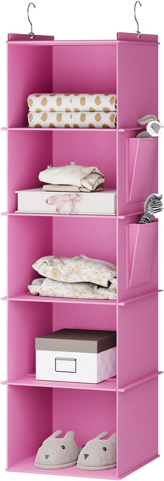 YOUDENOVA Hanging Closet Organizer, 5-Shelf Closet Hanging Storage Shelves, Light Pink
