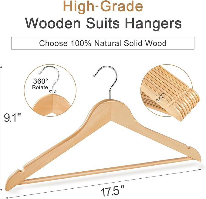 TOPIA HANGER Wooden Hangers 30 Pack, Natural Wood Clothes Hangers, Durable Coat Hanger with 360-Degree Rotatable Hook, Non-Slip Pants Bar and Shoulder Notches for Camisole Tops-CT34N30