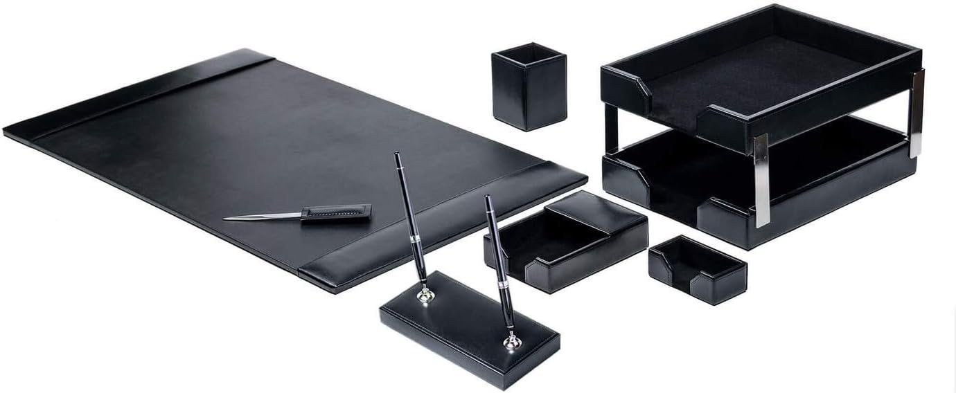Dacasso Bonded Set Luxury Leather Desk Pad & Desk Organization Essentials, 9 Piece, Black