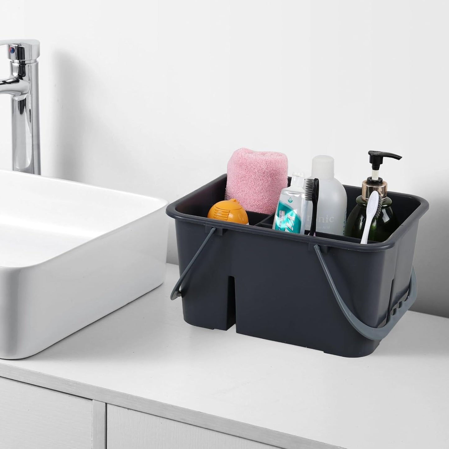 4 Compartment Plastic Utility Tote Caddy, Cleaning Caddy Basket with Handle, Grey