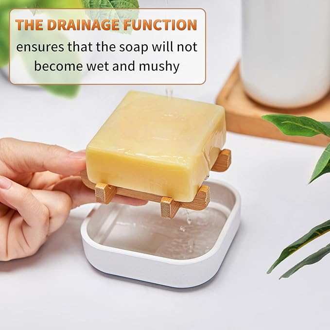 Bamboo Soap Dishes for Bar Soap Holders for Shower for Bathroom Sink Bulk Small Wooden Soap Tray Jabonera Pretty Neat Ventilated Soap Dish Disj Disk, Detachable (Single Rounded White)