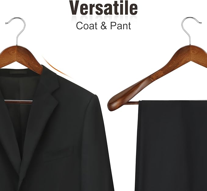 TOPIA HANGER Wide Shoulder Wooden Hangers, Suit Hangers with Non Slip Pants Bar & 360° Swivel Hook, Solid Wood Heavy Duty Coat Hanger, 6 Pack (Walnut)-CT02WA