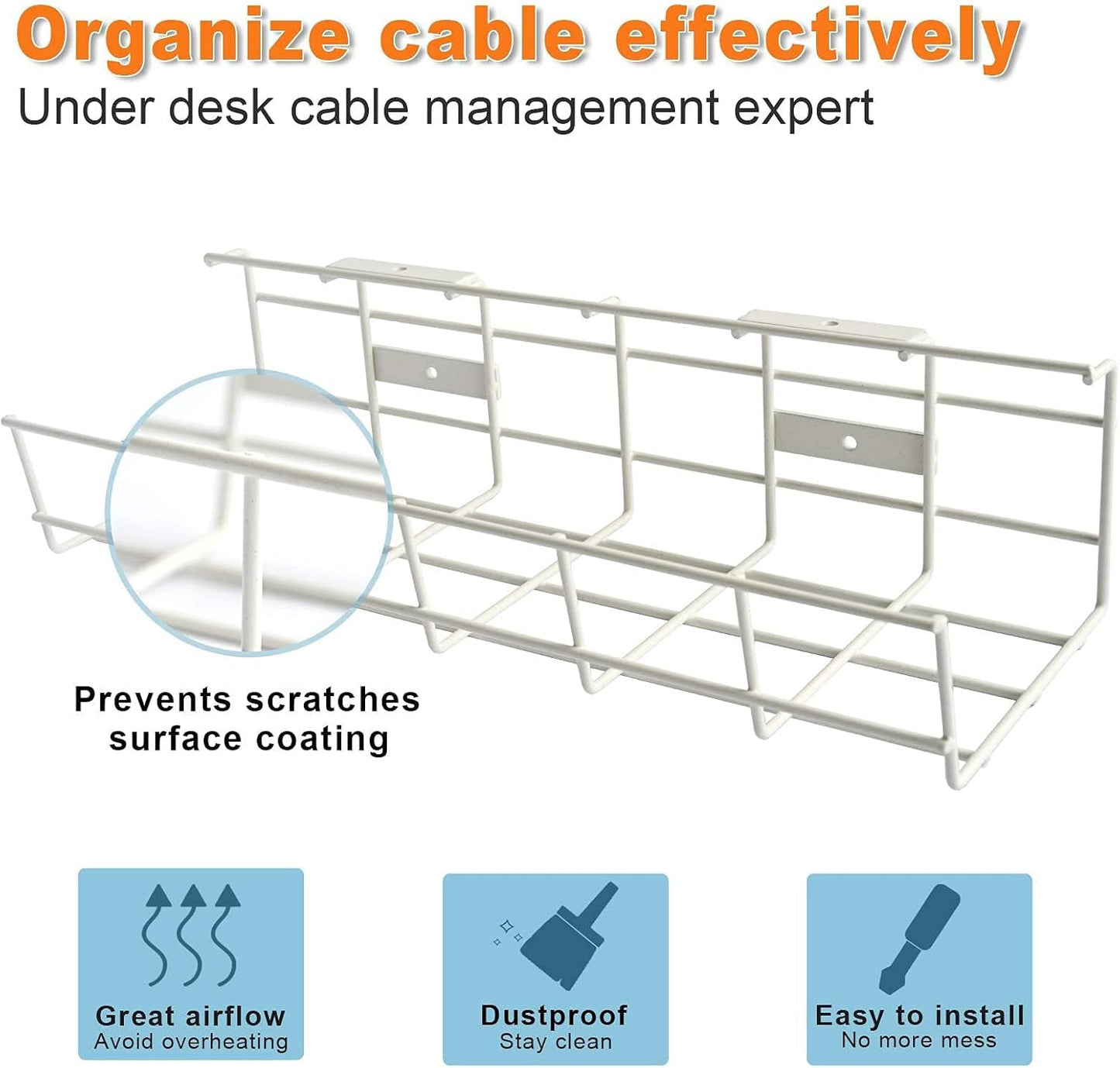 Under Desk Cable Management- 4 Pack Cord Organizer. Metal Wire Cable Management Tray for Office, Studio and Home. Super Sturdy Under Table Cable Managements - White Cable Organizer