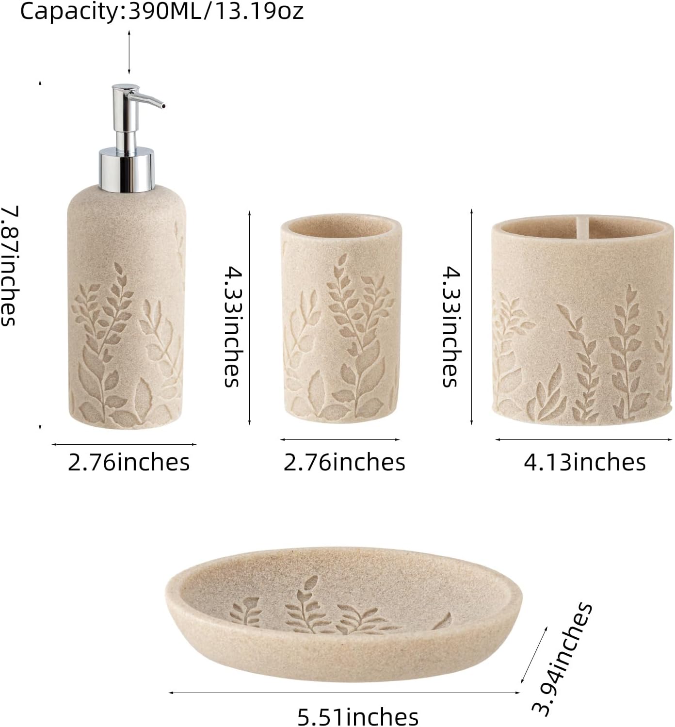 Bathroom Accessories Set, 4 PCS Bathroom Accessory Sets with Soap Dispenser 13 OZ, Toothbrush Holder, Tumbler, Soap Dish, Bathroom Countertop Organizer, Sea Bathroom Decor (Leaf Beach)