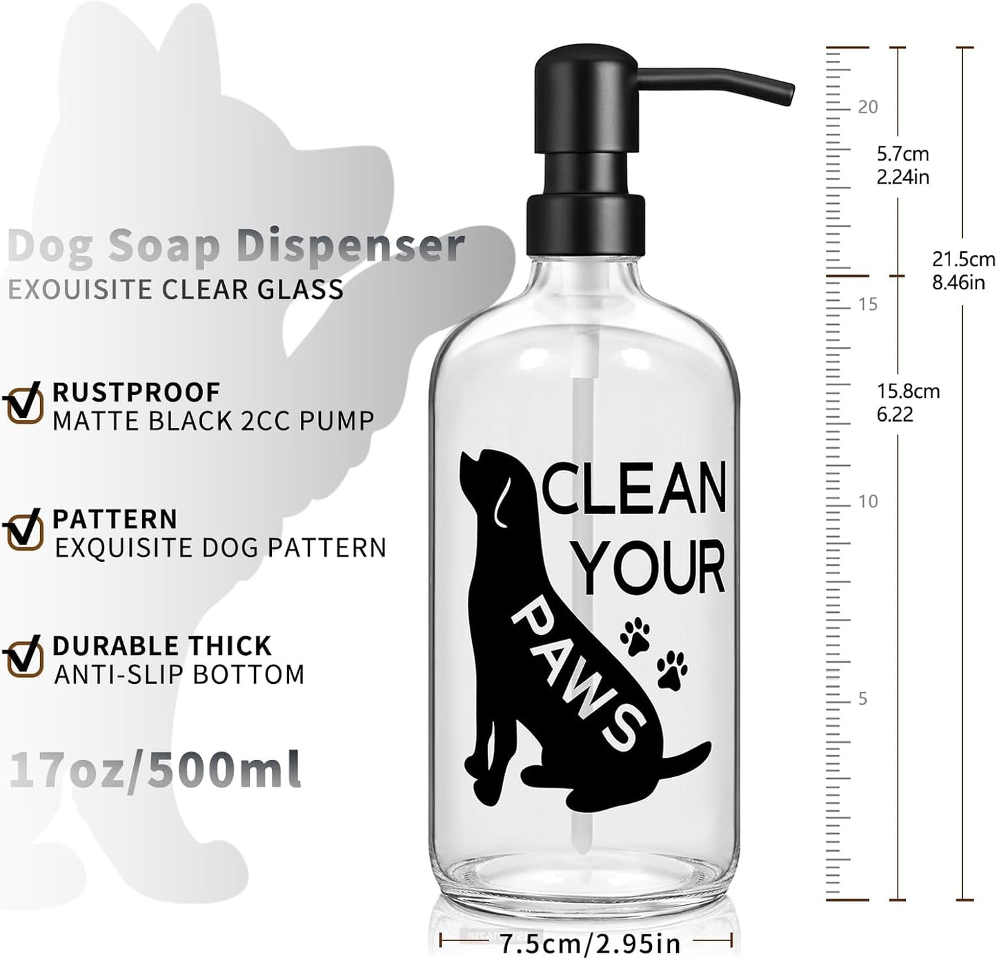 Black Dog Soap Dispenser 17 oz Clear Glass Hand Soap Bottle with 304 Stainless Steel Pump for Bathroom or Kitchen Countertop Dog Lover Gift Idea