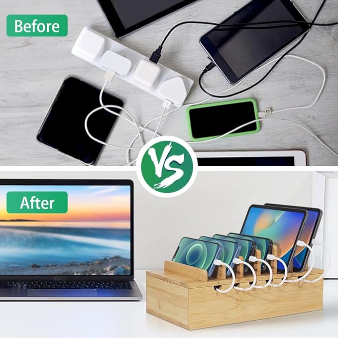 Bamboo Charging Station for Multiple Devices, Desk Docking Stations Organizer Compatible with iPhone Devices, Wood Charging Cell Phone Holder Stand (Includes 6 Cables) (NO Power Supply)