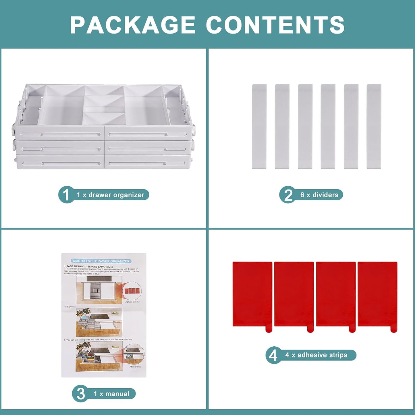 Aobiono Multi Level Smart Drawer Organizer, Multi Tier Expandable Storage Collapsible Foldable Trays for Jewelry, Cosmetics, Makeup, Tools, Battery (White, Single Row - 3 Levels)