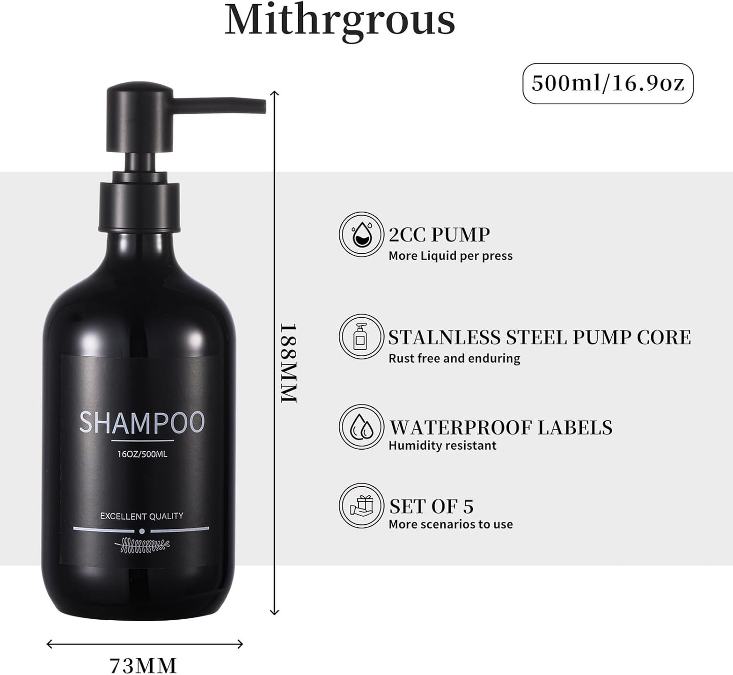 Shampoo and Conditioner Dispenser(5Pack)16.9oz Refillable Shampoo and Conditioner Bottles,Dispenser for Shower (Black)