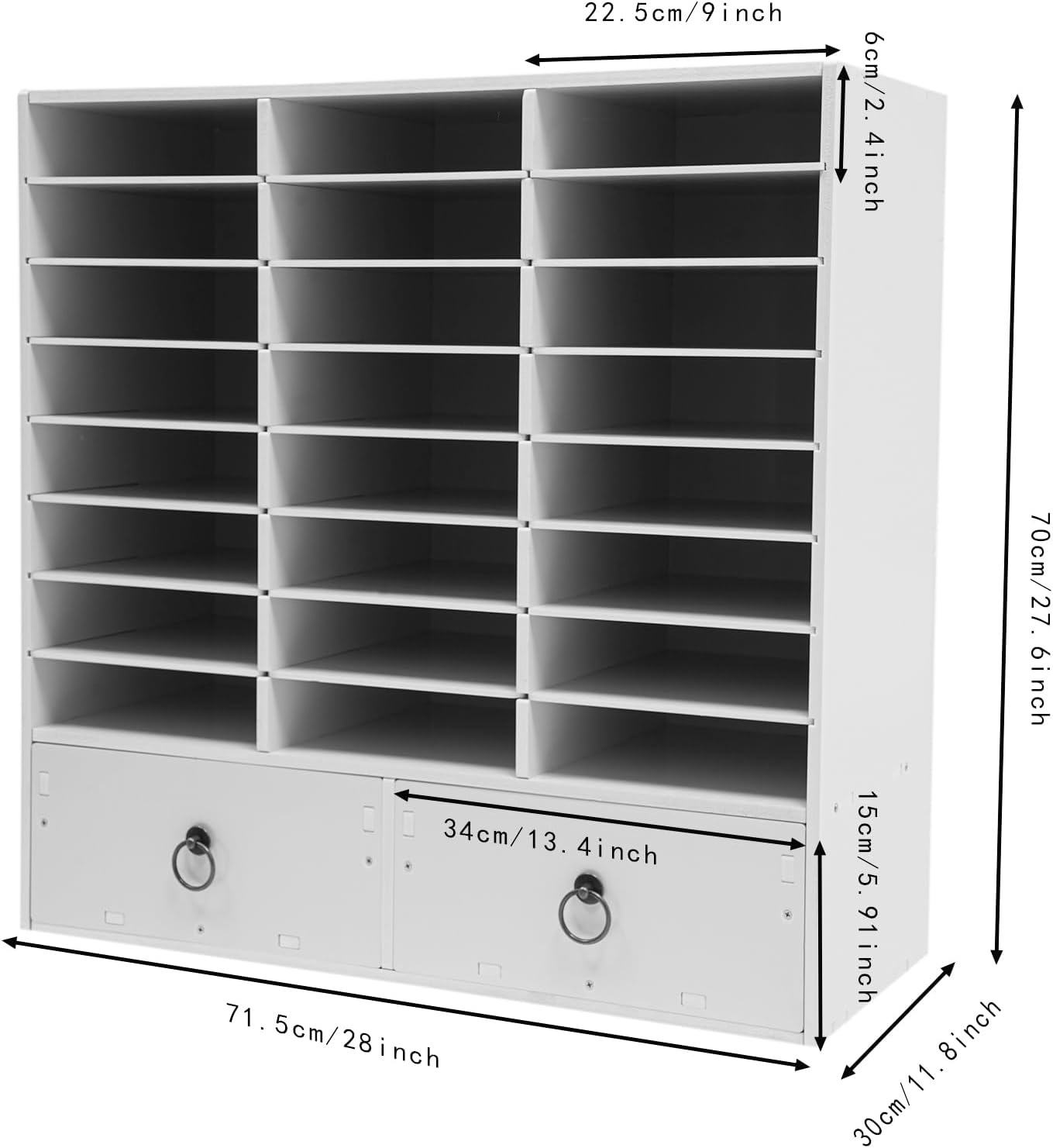 Literature Organizers, Mail Sorter Organizer Adjustable Shelves and 2 Drawers Desktop File Sorter Paper Organizer for Home School Office (White, 24 Slots with 2 Drawers)