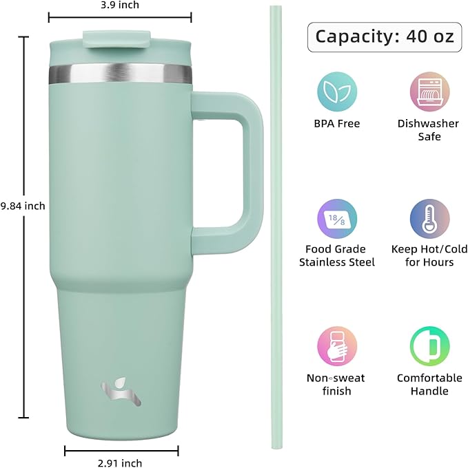 40 oz Tumbler with Handle and 2 Straws,2 in 1 Lid Insulated Water Bottle Stainless Steel Travel Coffee Mug,Retro Green