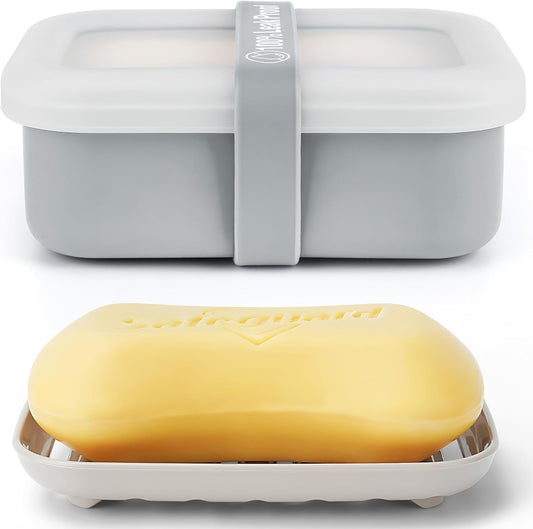 Compact Leakproof Travel Soap Case with Lid & Silicone Strap - Portable Draining Soap Bar Holder for Gym, Bathroom, Camping - Lightweight Silicone Soap Dish Container (Gray) ﻿