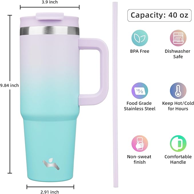 40 oz Tumbler with Handle and 2 Straws,2 in 1 Lid Insulated Water Bottle Stainless Steel Travel Coffee Mug,Lavender Green