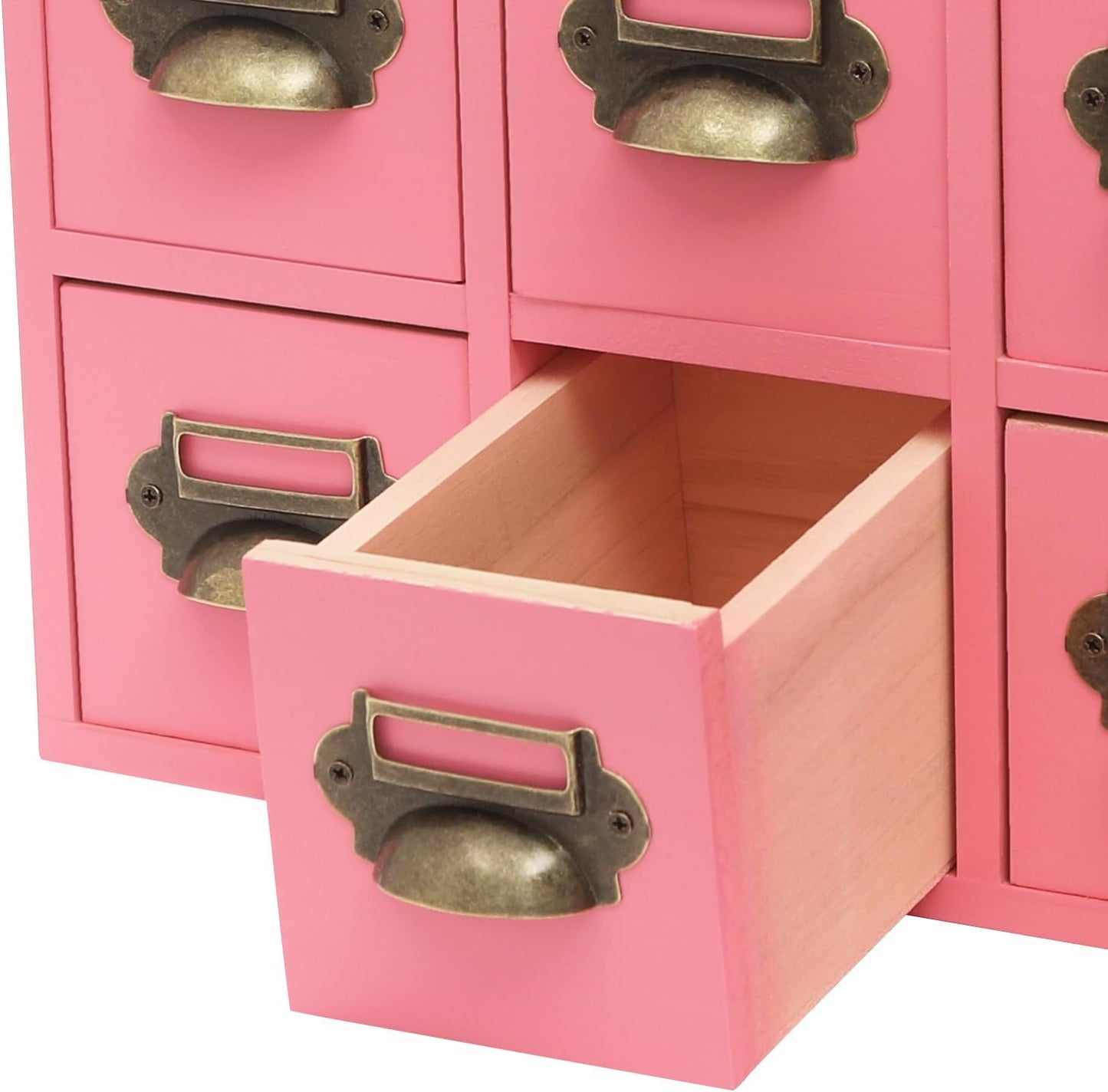 3-Tier Storage Cabinet, 12-Drawer Wooden Organizer with Metal Handles, Wooden Medicine Cabinet, Vintage Brown Solid Wood & Alloy Desktop Storage Shelf for Households, Offices (Pink)