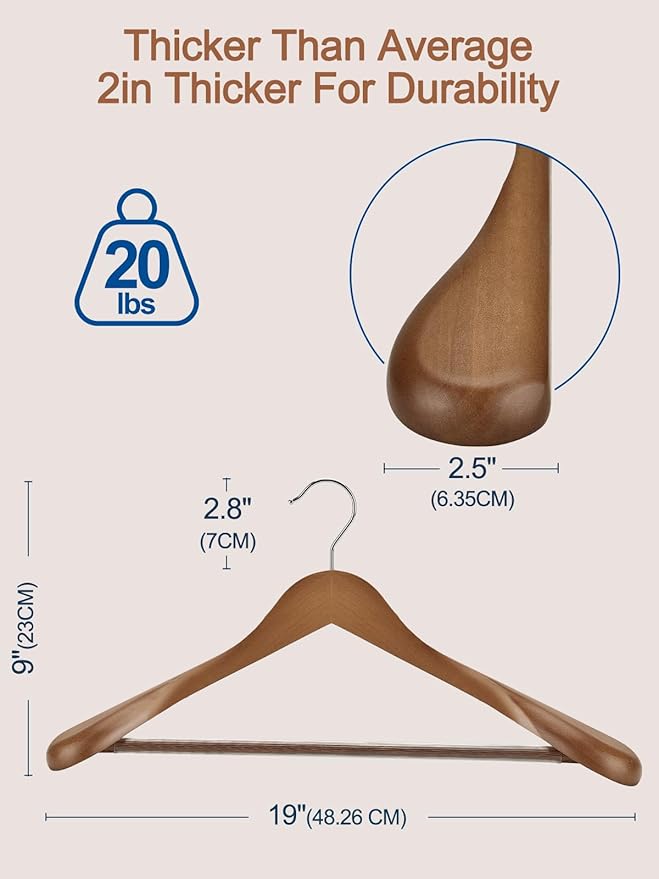HOUSE DAY 19'' Extra Wide Shoulder Wooden Hangers 6 Pack, Premium Large Wood Suit Hangers with Non Slip Pant Holder, Wide Shoulder Hangers for Suits, Coats, Jackets, Heavy Wide Clothes Hanger, Walnut