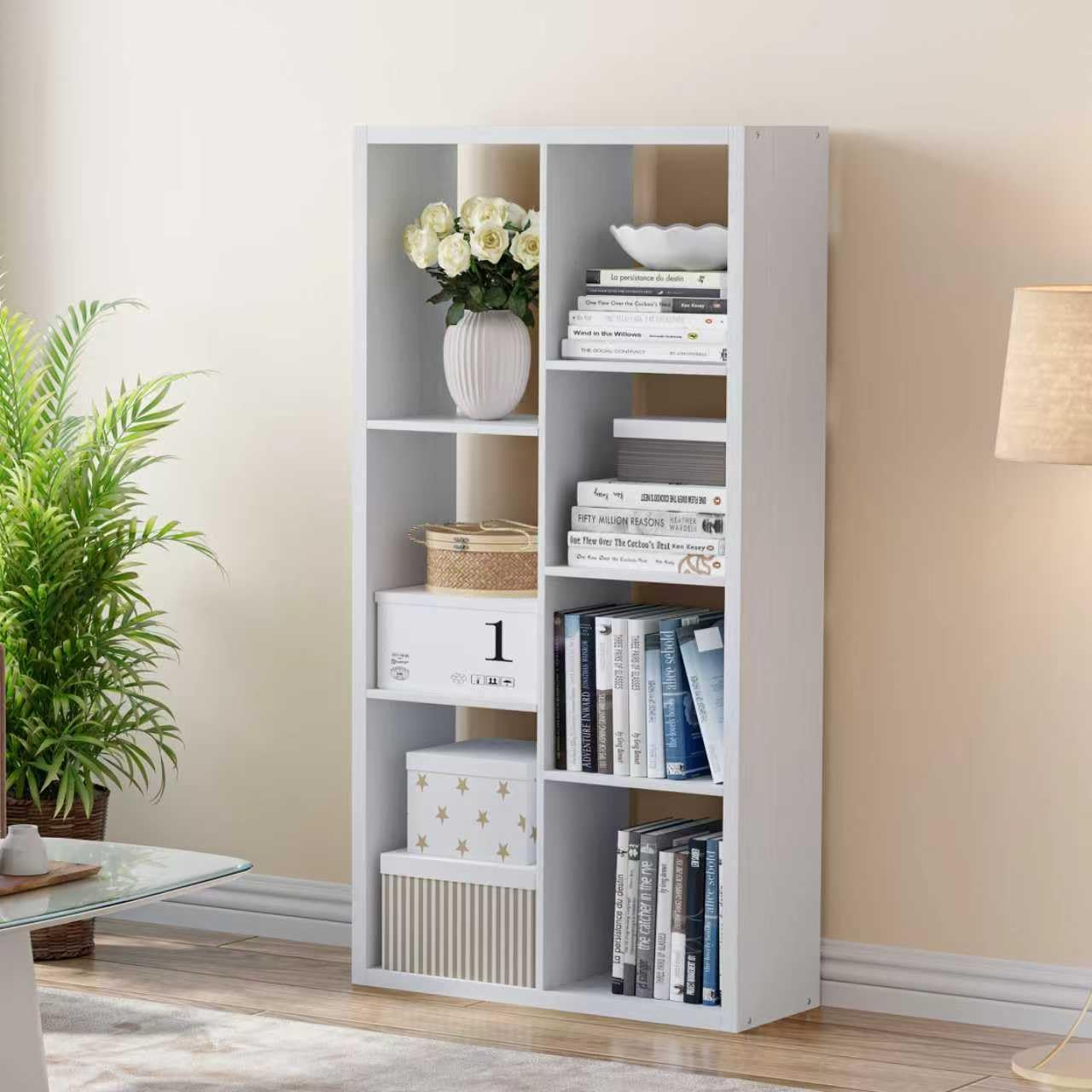 Cube Storage Organizer Bookcase, Decorative 11 inch Open Back Cubical Shelf with Thickened Border, Display Bookshelf for Living Room, Home Office, Sturdy Room (White, 7 Cube)