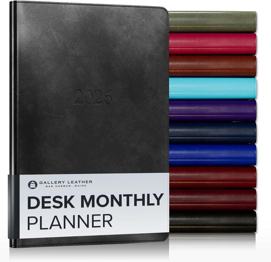 Gallery Leather Desk Monthly Planner 2025-2026, Elegantly Bound Calendar Planner and Notebook with Stylish Gold-Gilded Page Edges, 18 Months - Acadia Black - 8x5.5”