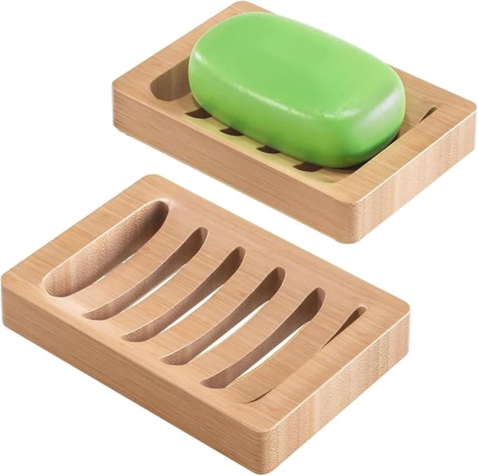 Bamboo Soap Dish, Wood Bar Holder For Shower, Trays Self Draining, Soap Saver