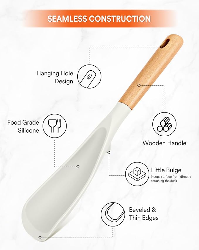 Cooking Spoon for Nonstick Cookwares, Great for Cooking and Serving Sturdy BPA-Free Matte Silicone, Wood Handle Spoon for Mixing, Scoop, and Scrape (2 Pack of White, 11.4 inch)