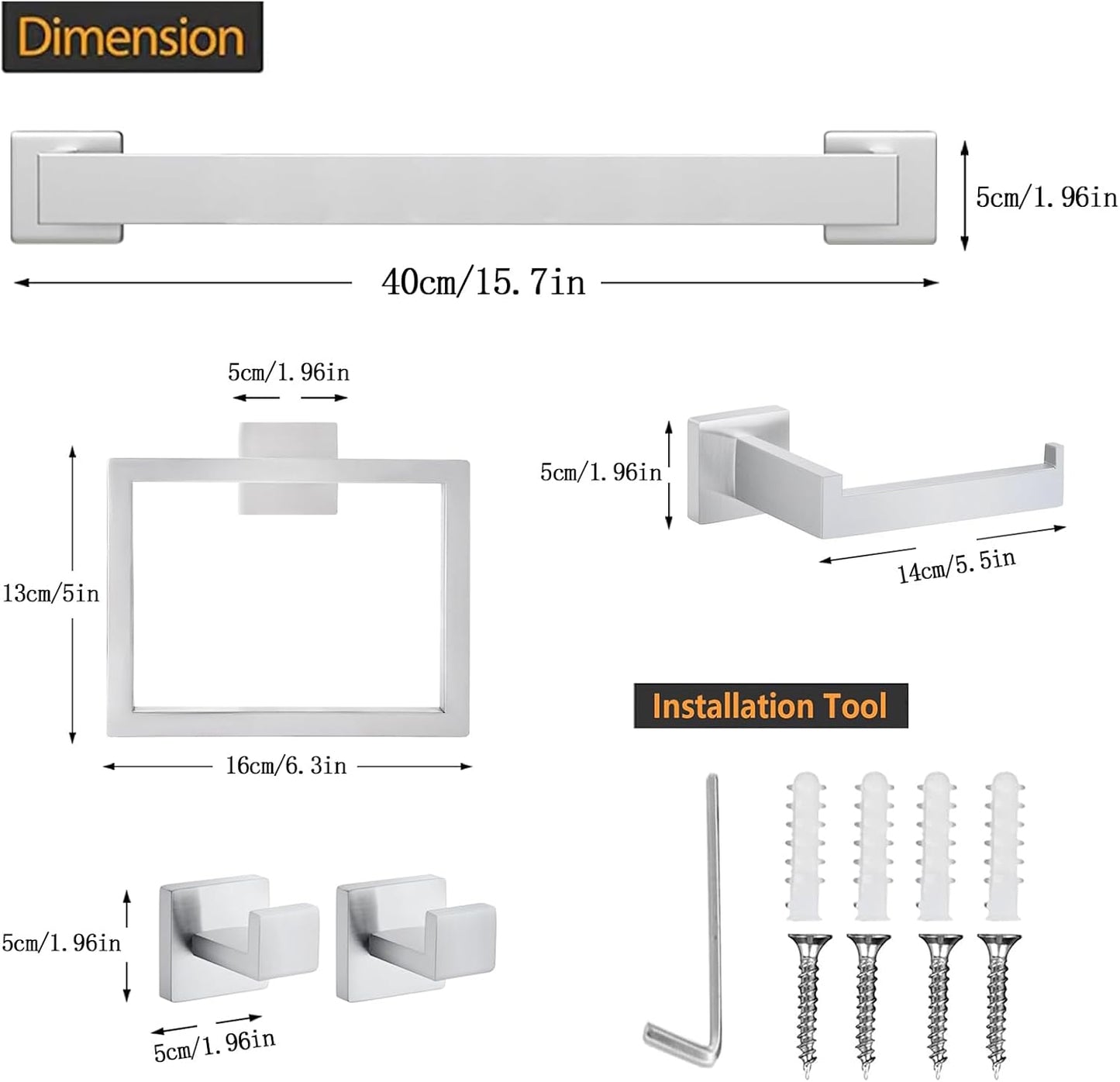 5 Piece Bathroom Towel Bar Set - SUS304 Stainless Steel Bath Towel Holder, 15.7 Inch Towel Racks for Bathroom Wall Mounted, Bathroom Hardware Accessories Set - Brushed Nickel