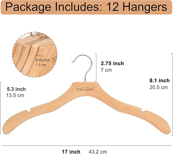 TOPIA HANGER Wooden Coat Hangers 12 Pack, Premium Wood Top Suit Hangers with No Shoulder Bump, 360° Swivel Hook and Cut Notches Clothes Hangers for Sweater, Coat, Shirts, Jackets, Dress, Natural CT84N