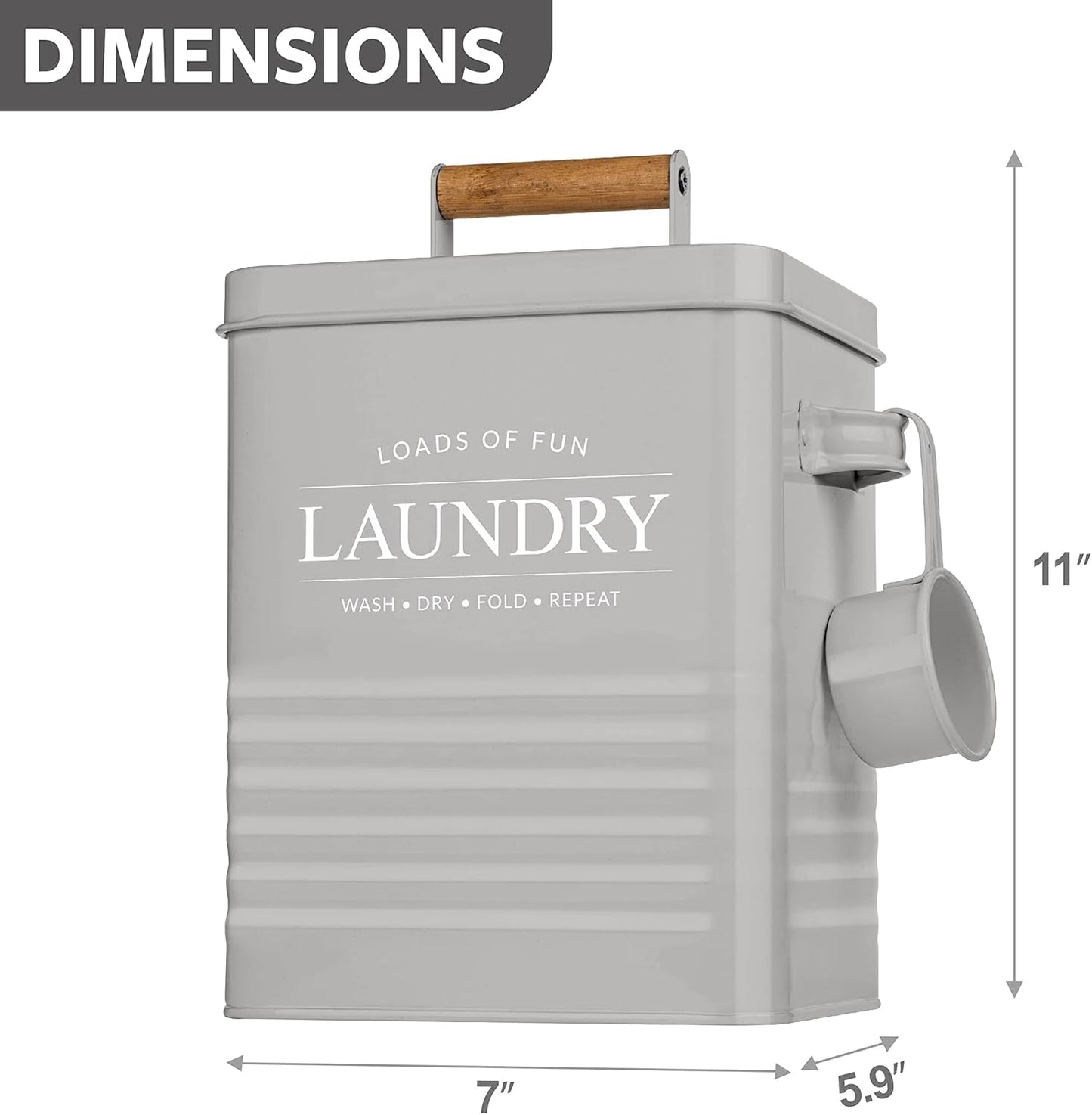 Calindiana Modern Farmhouse Metal Laundry Soap Dispenser Container Holder with Scoop for Laundry Room Decor and Space Saving Laundry Room Organization and Storage, Laundry Powder Container, Grey