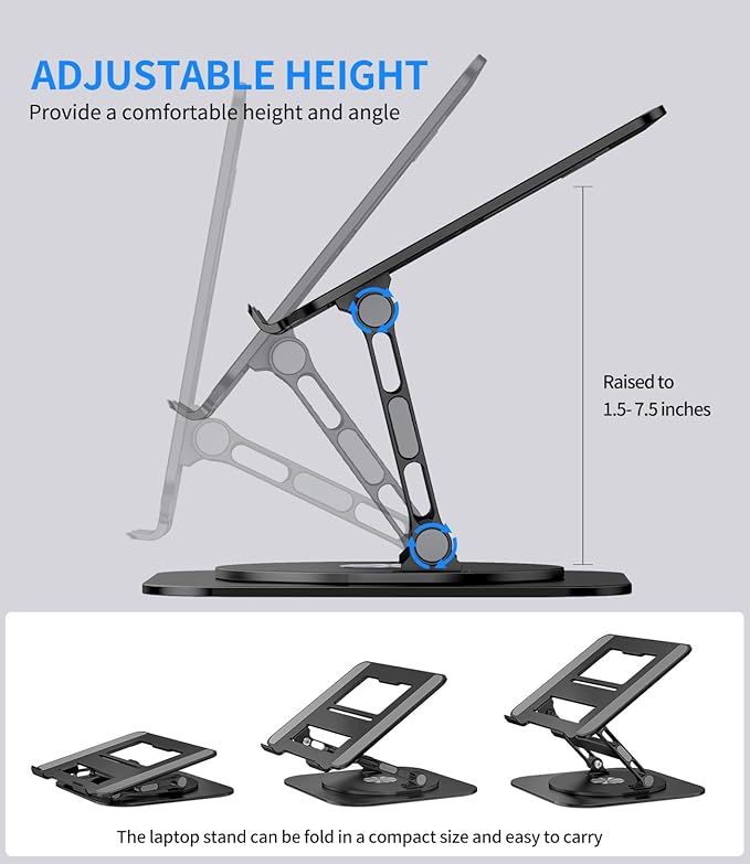 Adjustable Laptop Stand with 360 Rotating Base, Stable Computer Stand for Laptop Ergonimic Foldable Laptop Riser for Desk Compatible with MacBook Pro/Air Notebook up to 16 Inches, Black