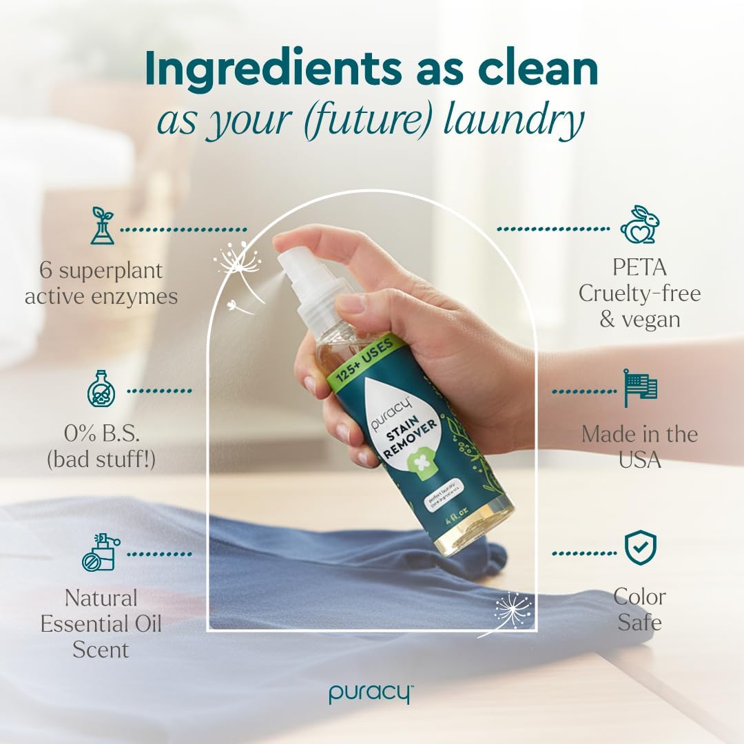 Puracy Stain Remover, Natural Travel and Laundry Stain Cleaner for Clothes, Baby Essentials, Kids Stains, Oil and Fabric Spot Cleaner, Unscented (Stain Remover Spray, 4 fl oz)