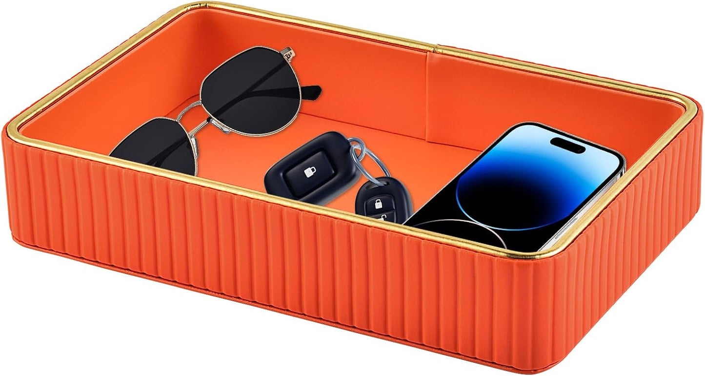 PU Leather Valet Tray,Desk Organizer Tray Nightstand Organizer Trinket Dish Storage Key Bowl Decorative Trays for Phone Wallet Jewelry Watch Bathroom Bedroom Perfume Vanity Trays,Orange