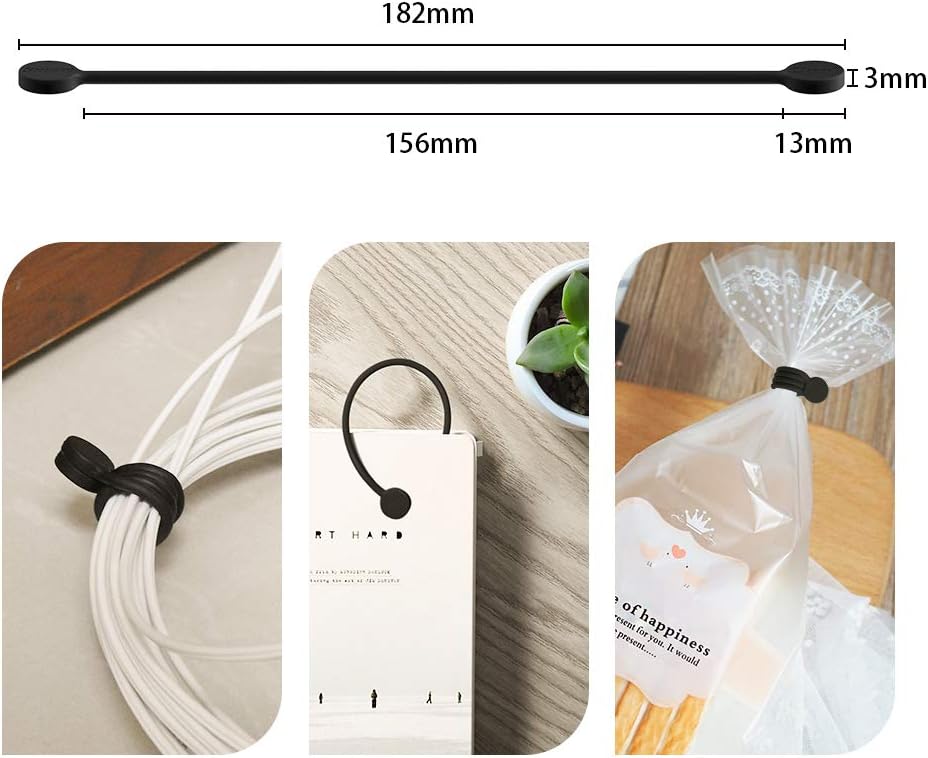SMART&COOL Reusable Silicone Magnetic Cable Ties for Bundling and Organizing, Holding Stuff, Book Markers, Fridge Magnets, Assorted Color, 7.16'' (10-Pack, Black)