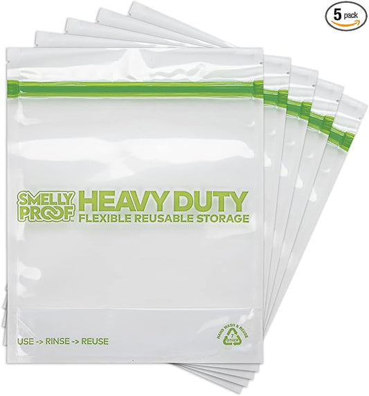 HEAVY DUTY Reusable STAND-UP Bags for Food Storage by Smelly Proof, USA Made, NO PEVA & BPA FREE, Reusable Freezer Bags, Dishwasher-Safe, Triple Zip, CLEAR 5-mils LRG Quart 8.75" x 9.5" - 5pk