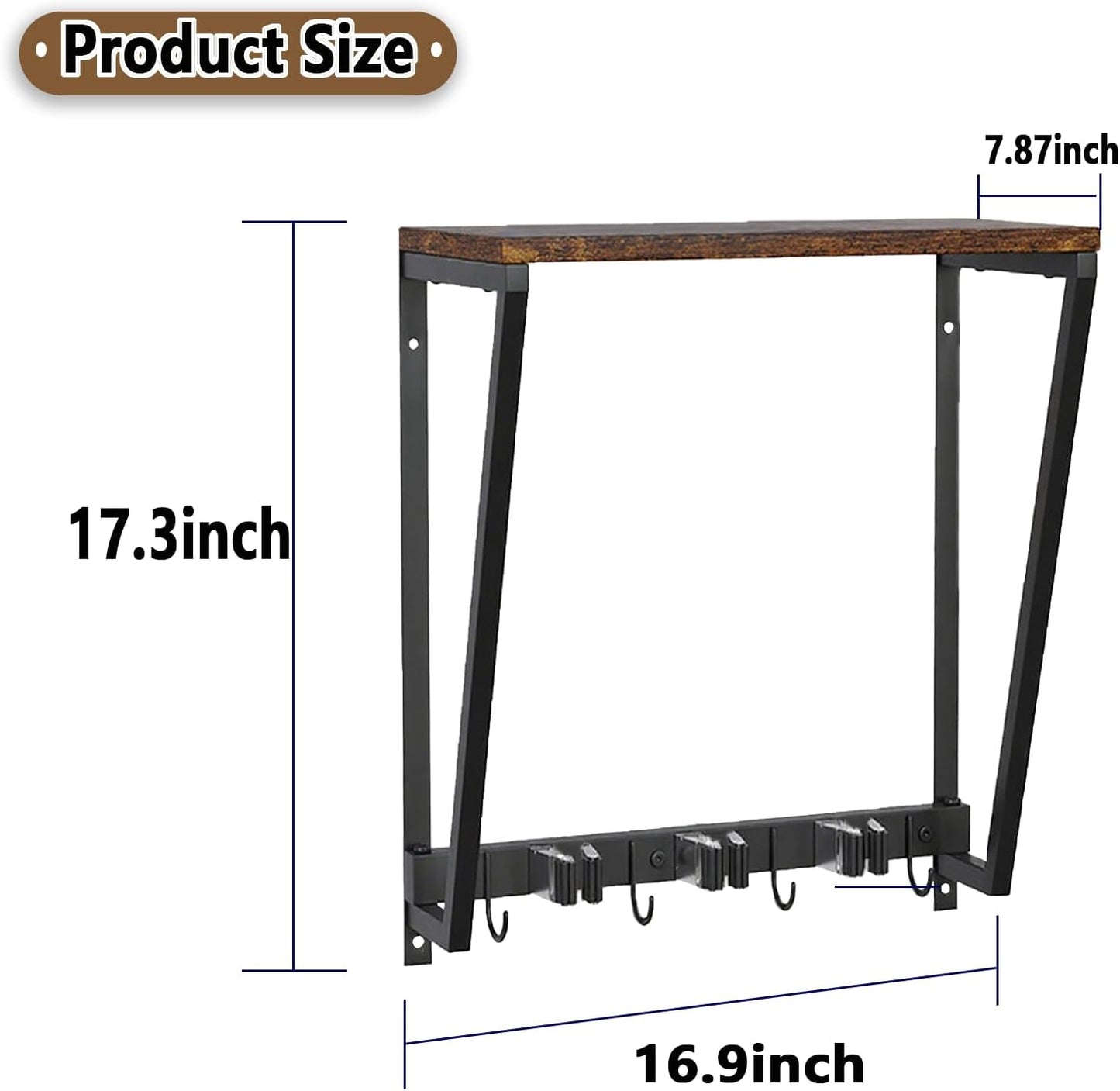 Wall-mounted broom and mop storage rack, equipped with mop, broom hanger and grab hooks for cleaning supplies, suitable for kitchens, laundry rooms, garages, utility rooms, closets, etc.