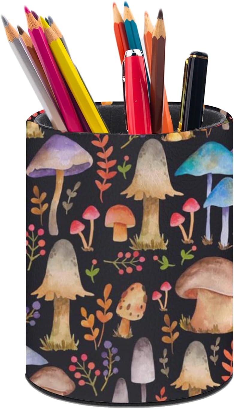 Mushrooms Pen Holder Pencil Organizer Cute Pencil Cup Desk Decor Makeup Brush Holder PU Multifunctional Office Suppliesfor Home Classroom School